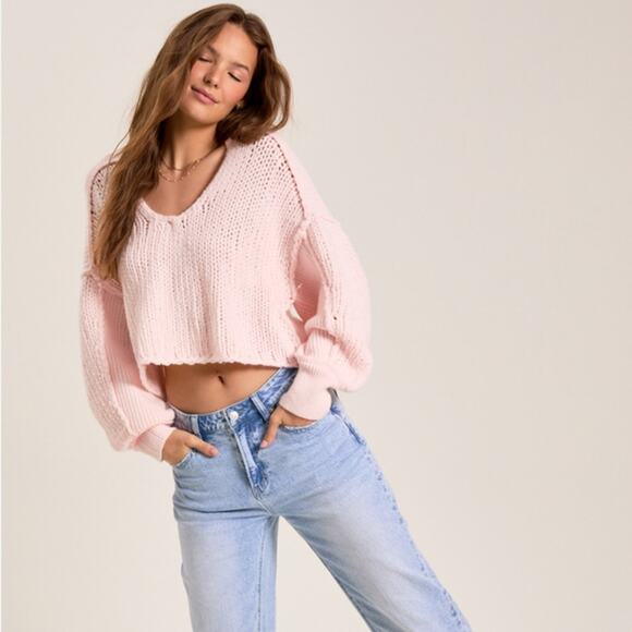 Altar'd State Sweaters - New ALTAR’D STATE Laney Cropped Sweater in Light Pink Women’s V-Neck Open Weave